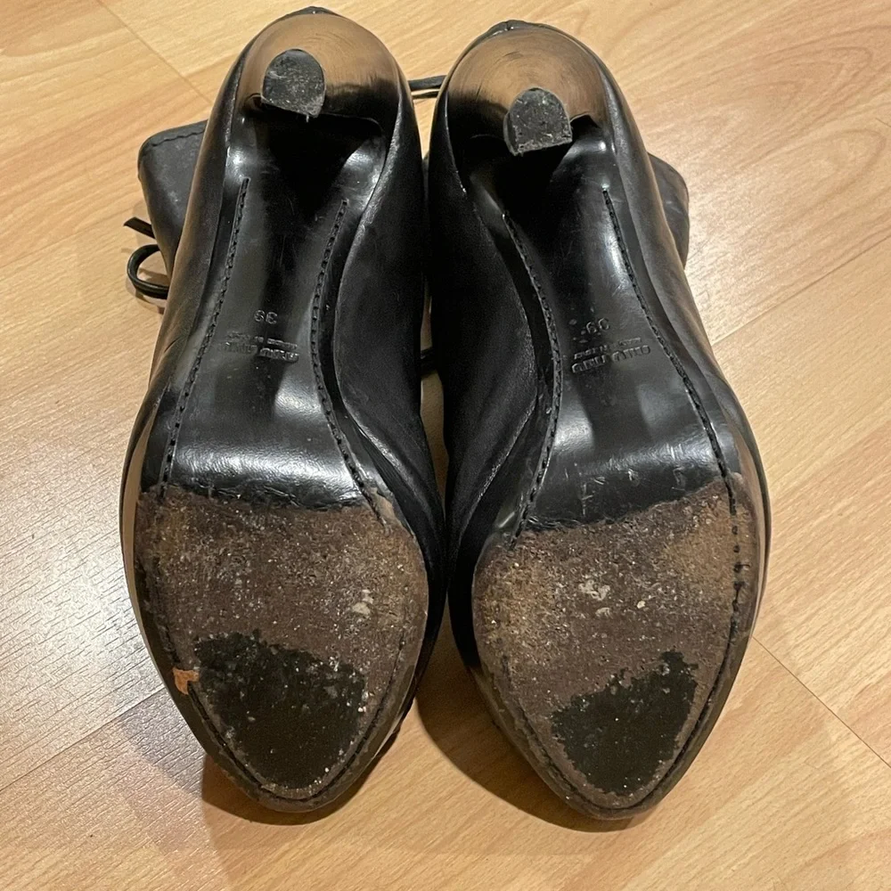 EUC Miu Miu 5” Lace-Up Peep-toe Zippered Heeled Booties, Black, Sz 8.5 / 39 - Picture 7 of 8